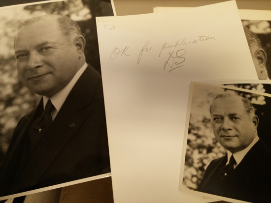 Sarnoff headshots. On the back he has written "OK for publication. DS"