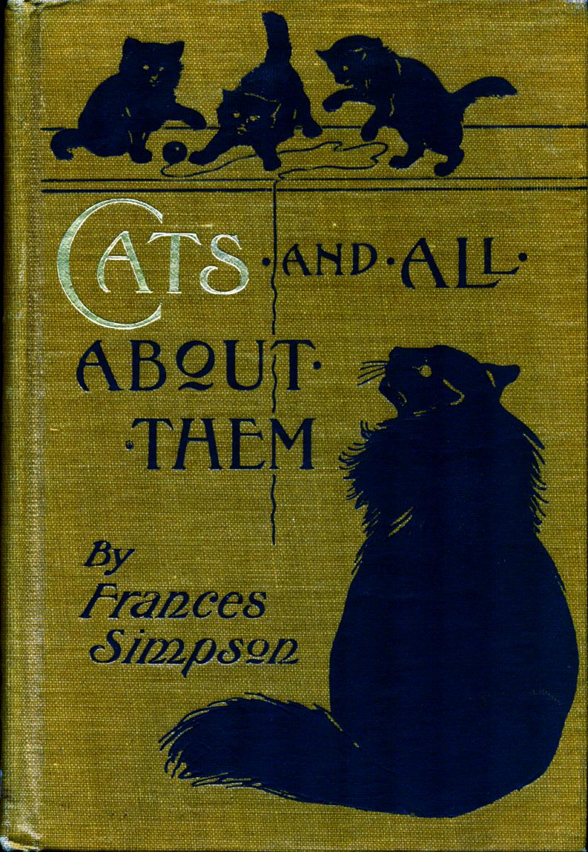Textured book cover with several playing cats. Title is "Cats and All About Them"