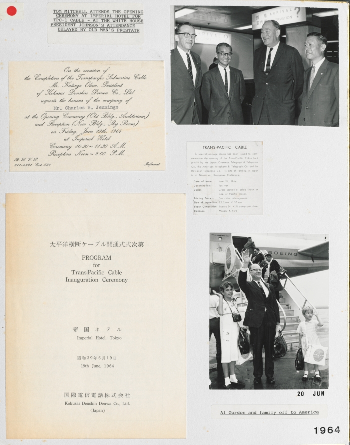 Scrapbook board showing RCA executives visiting Japan and items from the Trans-Pacific Cable Inauguration Ceremony