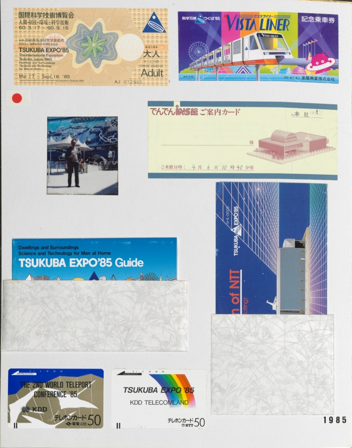 Scrapbook board with items from the 1985 World’s Fair in Tsukuba, Japan