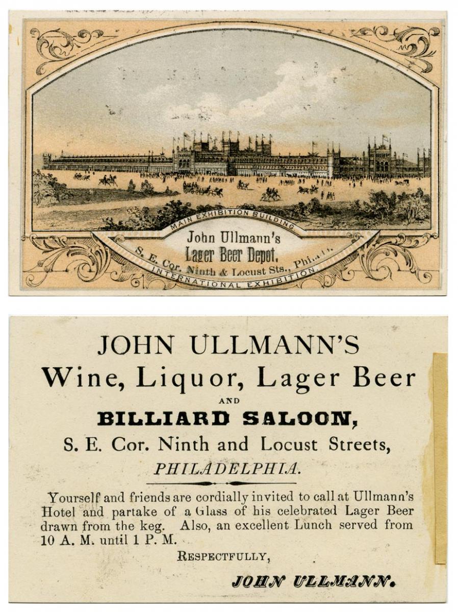Trade card advertising Ullmann's beer and billiard saloon