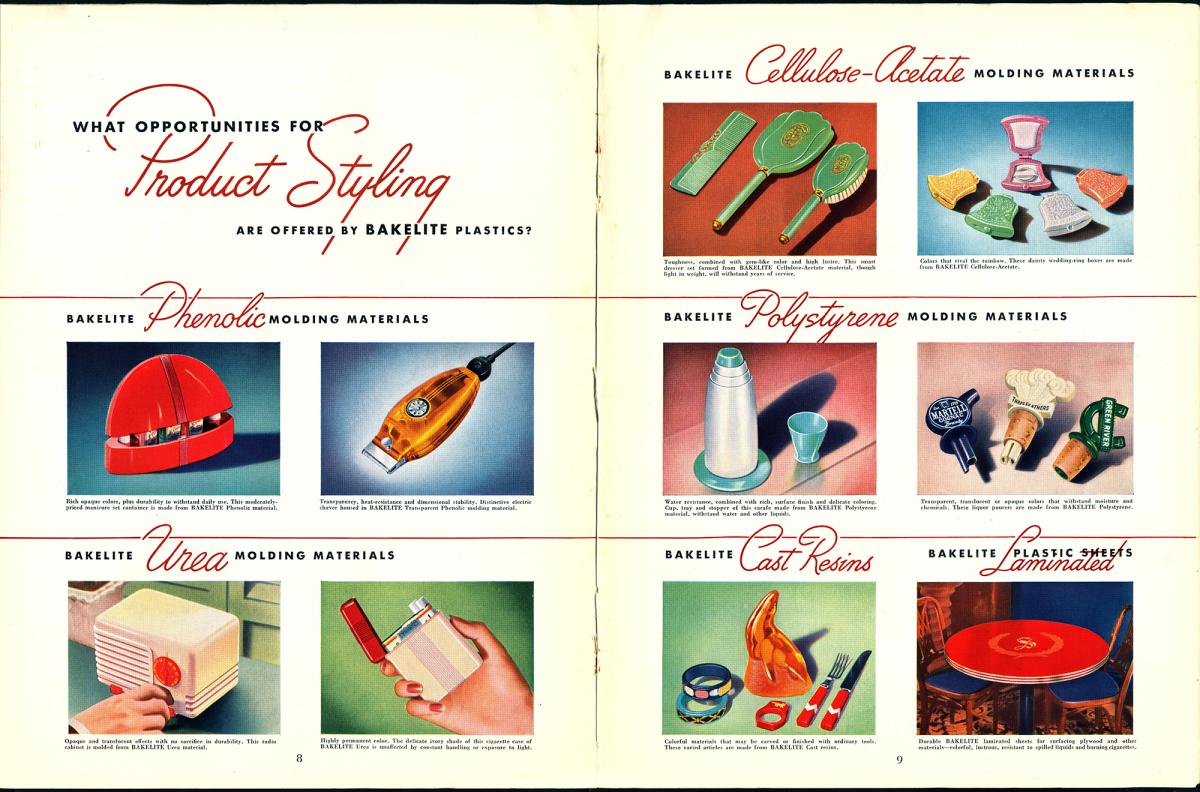 Bakelite advertisment of the different things it could be made of, from a radio to a lighter to hair brushes