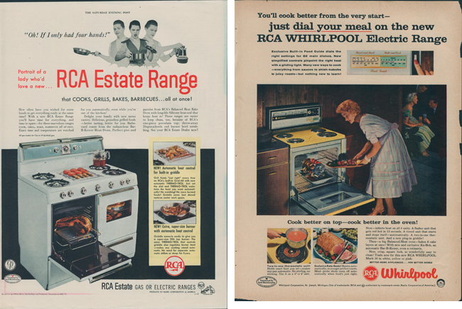 A1955 RCA Estate Range advertisement and a 1955 RCA Whirlpool Electric Range advertisement