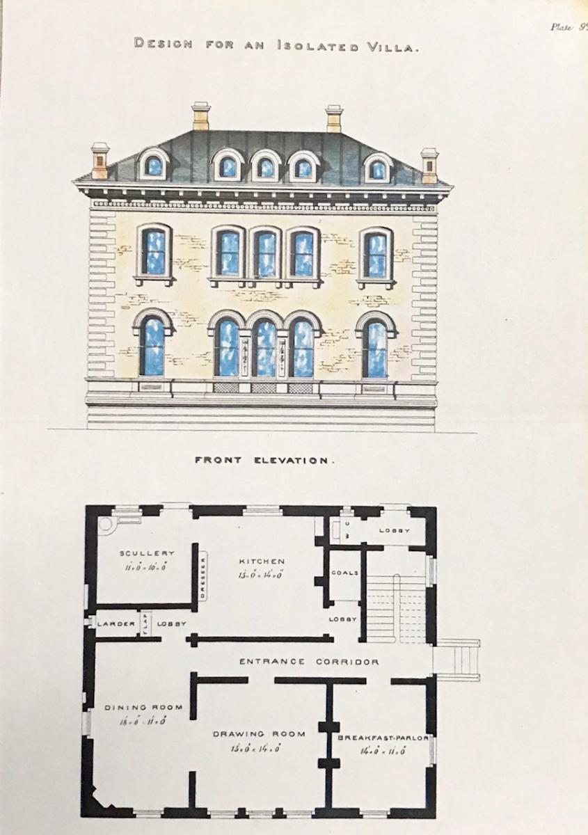 Sketch titled "design for an isolated villa" with the front of the house and below it a floor plan.