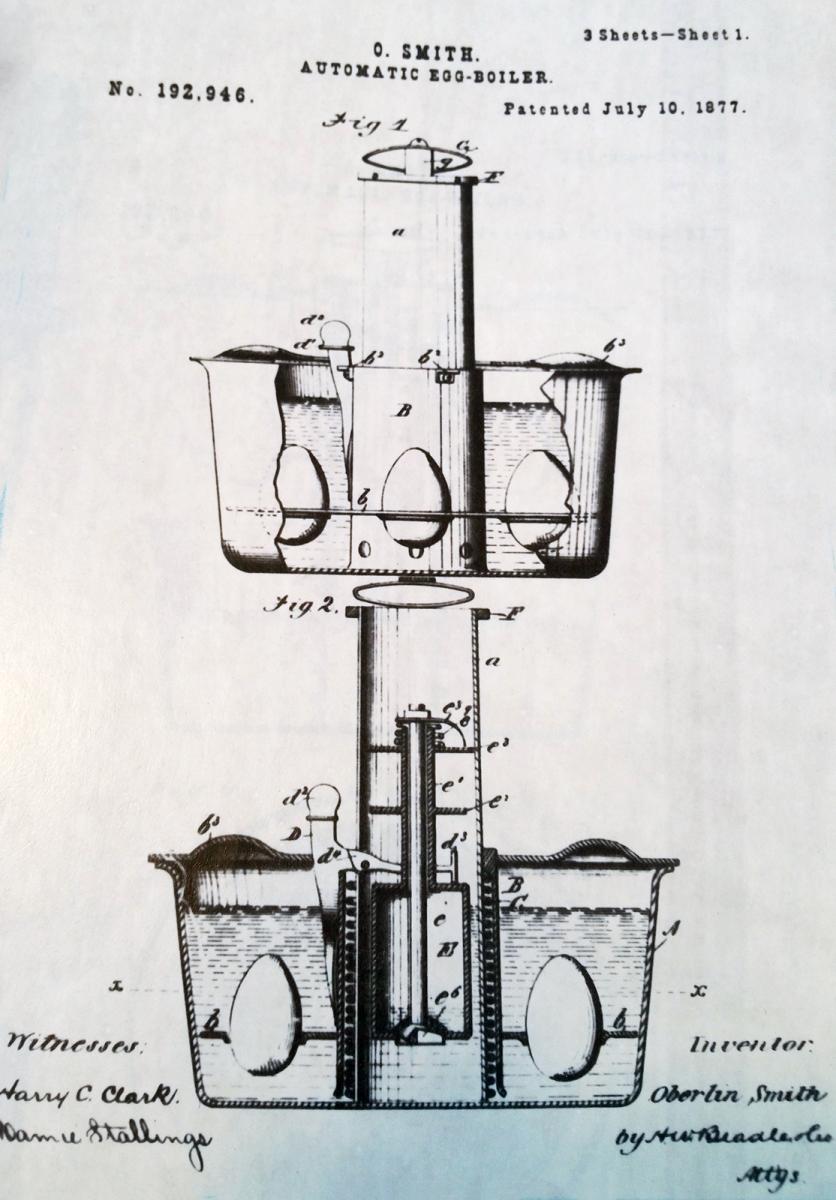 Egg invention diagram from patent application by Oberlin Smith.