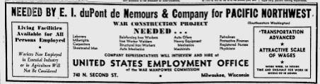 A DuPont ad to hire workers for unspecified war construction in the Pacific Northwest
