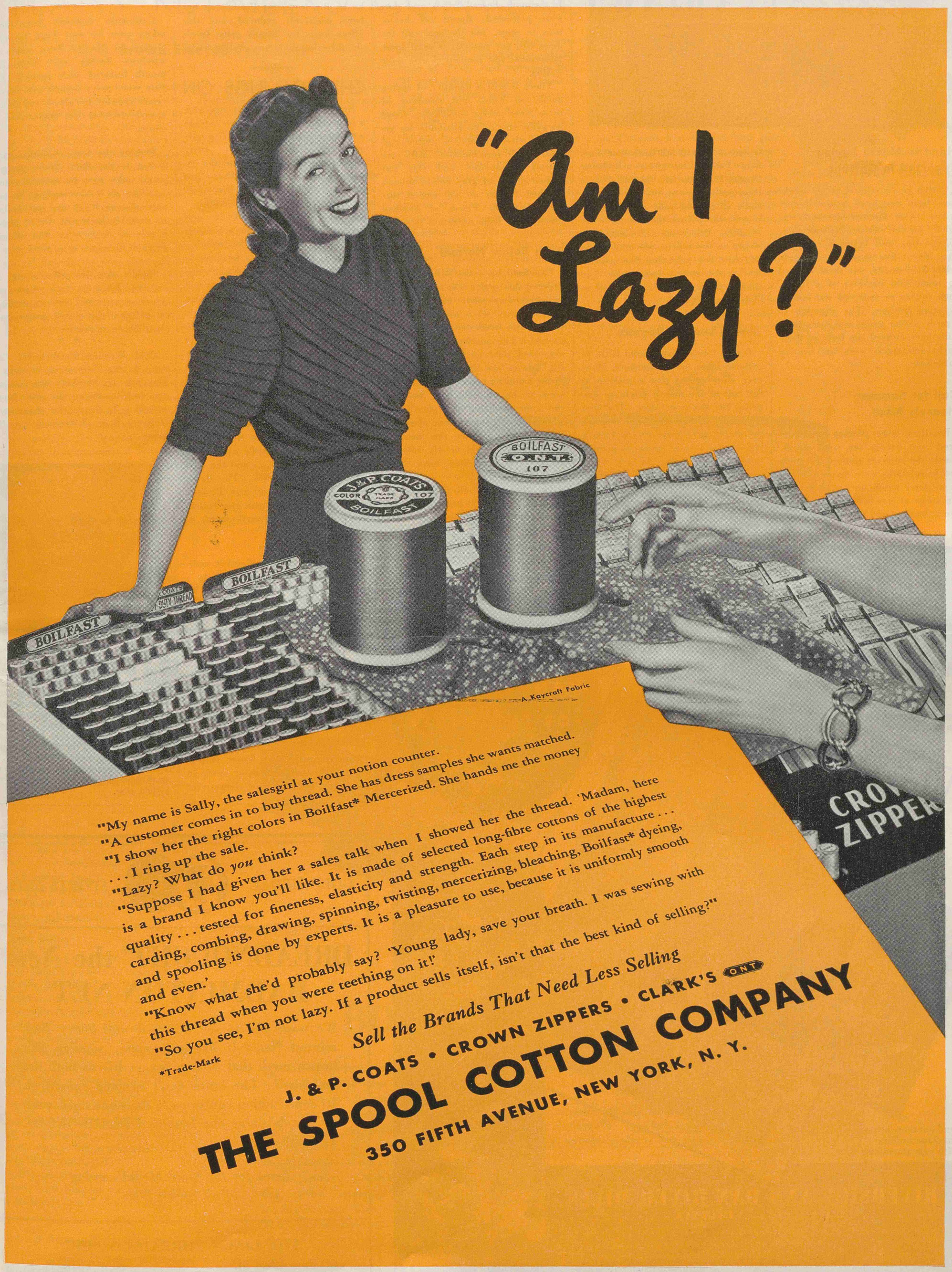 Ad for sewing notions; image shows a woman at a product display, pair of hands reaching for products. Prominent text reads: "Am I Lazy?"