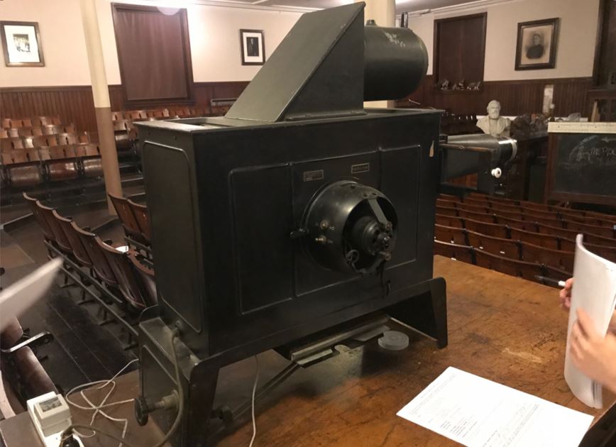 The lantern slide projector at the Wagner Free Institute.