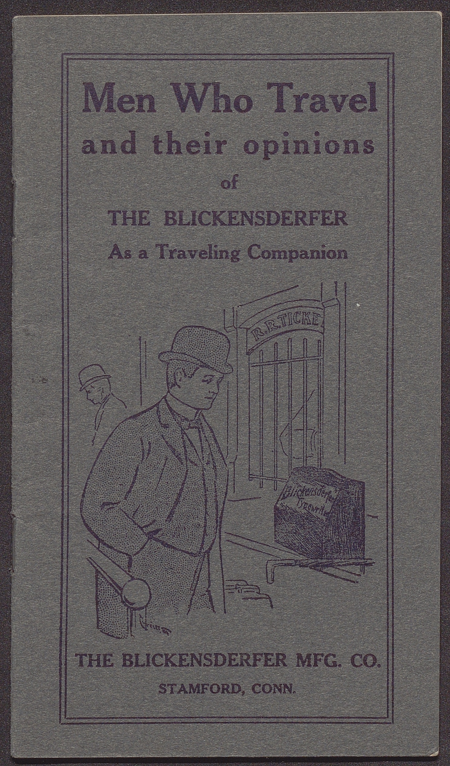 Catalog with illustration of a man standing at a ticket booth with a portable typewriter.