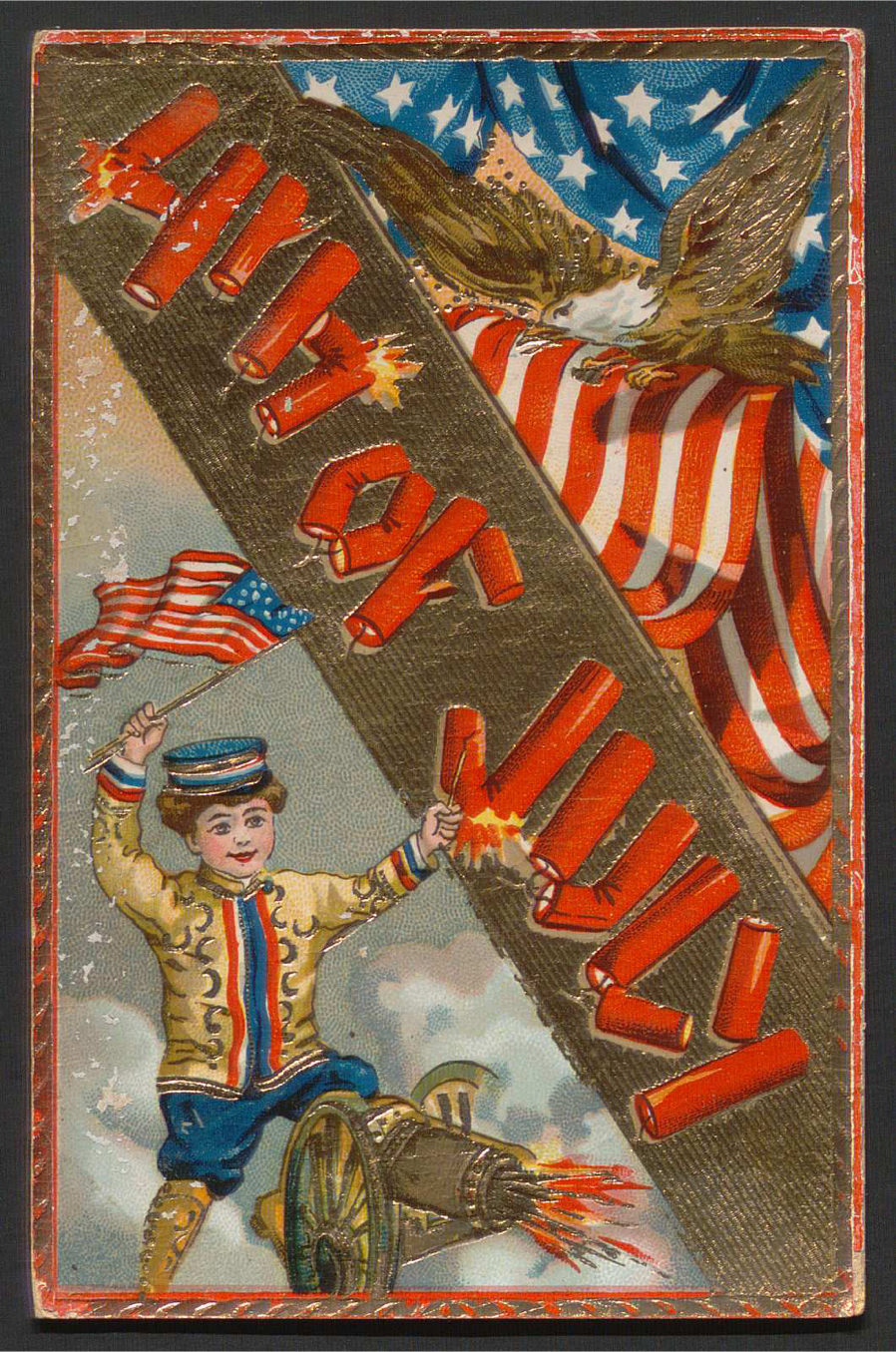 Front side of a postcard celebrating the Fourth of July