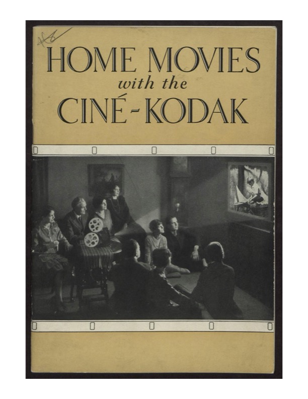 Cover of a catalog advertising Ciné-Kodak cameras, featuring a group of people in a home, gathered around a projector, watching a home movie.