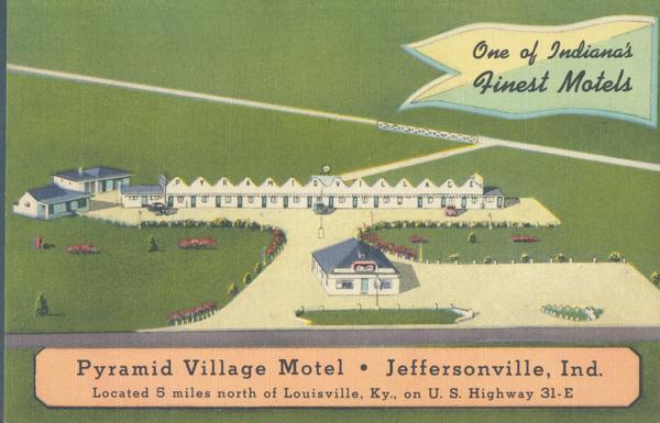 postcard for a motel in indiana, featuring illustration of a bird's eye view of the facilities