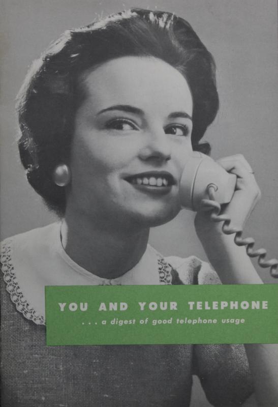 Close-up of a vintage brochure for telephone etiquette. A young woman, styled in the mid-20th century fashion with a bouffant hairstyle and wearing a blouse with a lace collar, is depicted holding a rotary-style telephone