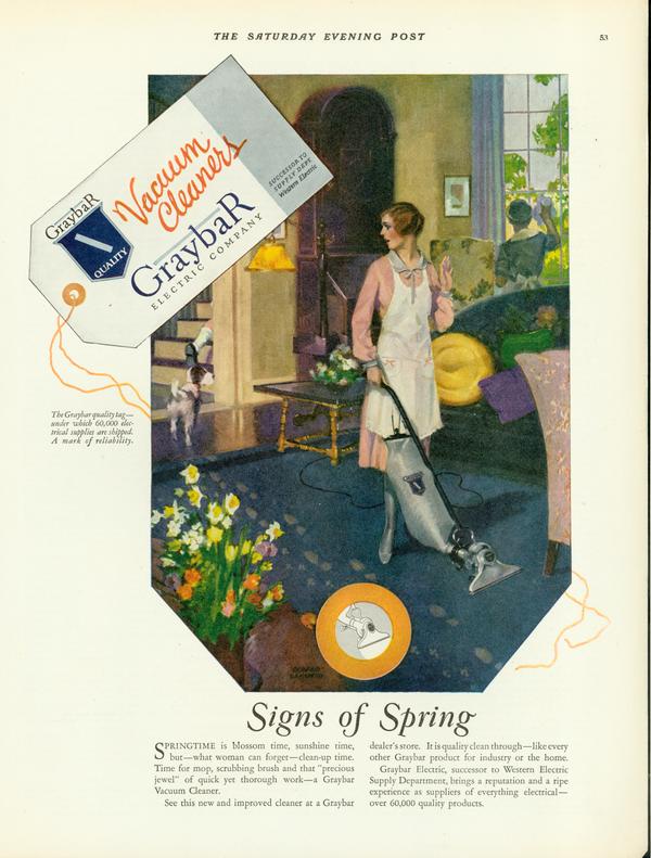 An advertisement for Graybar Vacuum Cleaners, featuring a woman using a vacuum cleaner in a living room.  The image promotes the vacuum cleaner as a sign of spring.