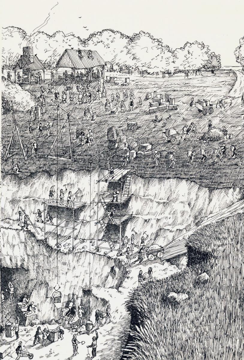 David Macaulay’s pen-and-ink drawing details the laborious tasks in a limestone quarry.