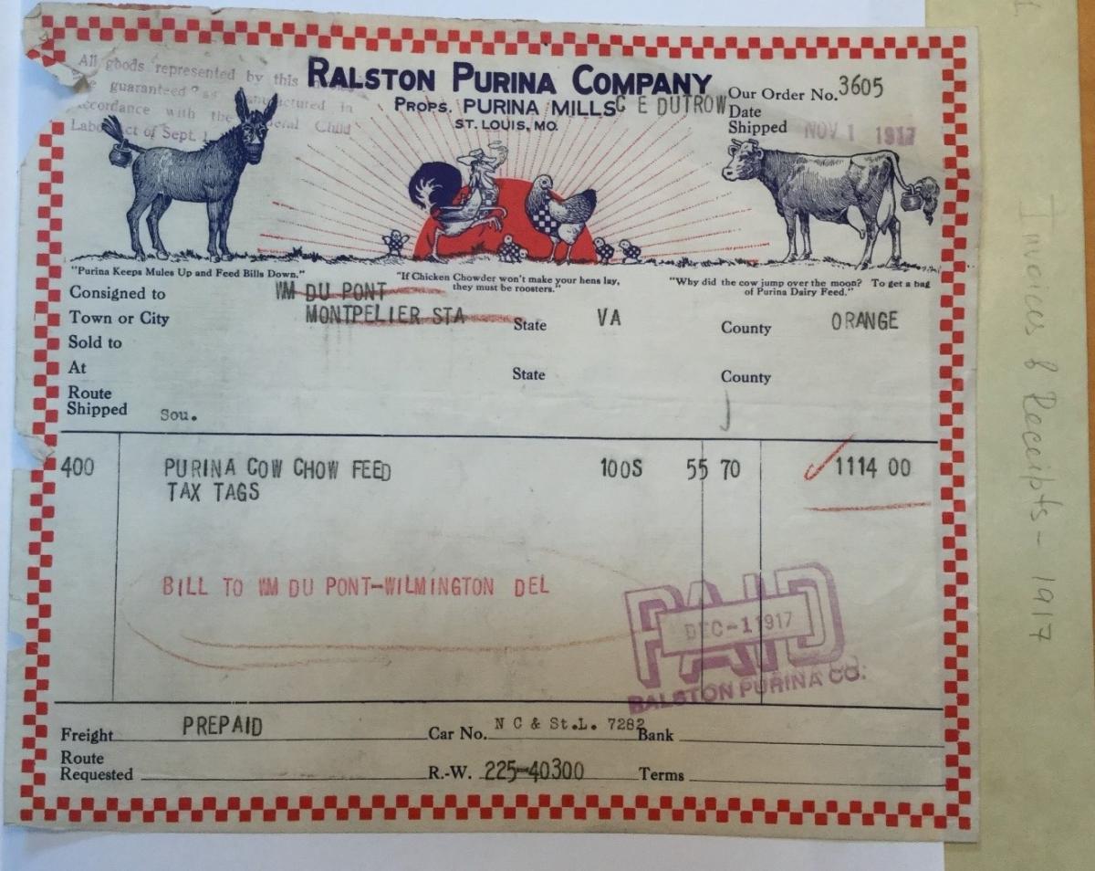 Invoice for Purina cow feed