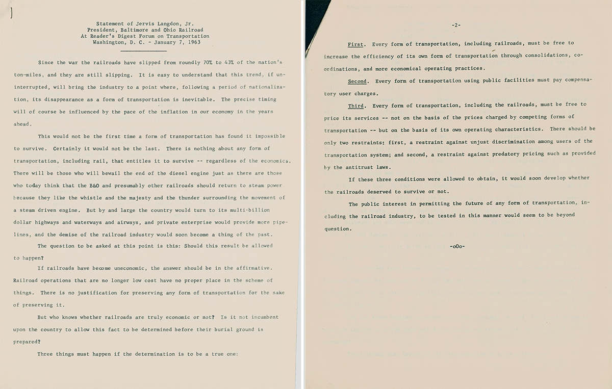 Typewritten statement of Langdon's at the Reader's Digest Forum on Transportation, 1963 - 2 pages.