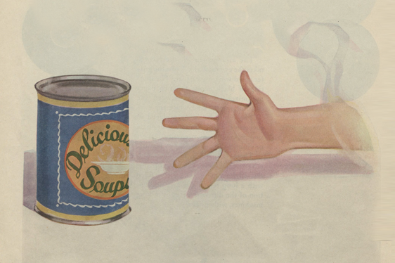 young boy reaching for a can of soup