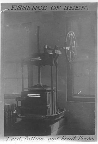 Image of a Lard, Tallow, and Fruit-Press. Title reads "Essence of Beef"