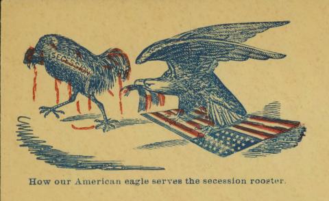 Eagle, standing on American flag, holding feathers (or a scalp) in his beak of a rooster labeled 'se