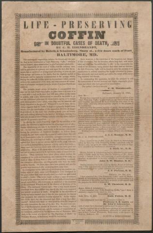 Broadside advertising a 'Life-preserving Coffin in Doubtful Cases of Death'