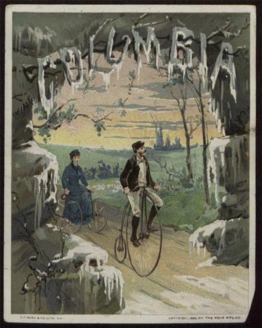 A vintage postcard illustration depicts two individuals on large-wheeled bicycles, likely penny-farthings, in a landscape with icicles and trees.