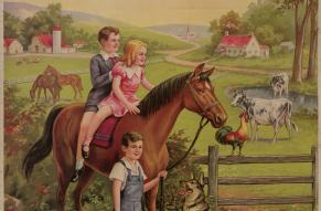 Ad for a rendering company featuring children surrounded by living animals in a bucolic landscape.