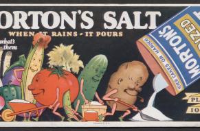 Advertising card for Morton's Salt. Features vegetables collecting salt from a pouring can.