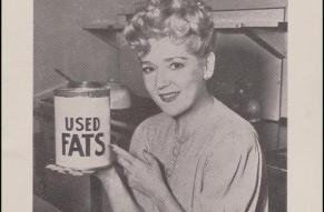'Patriotic and Practical' ad for fat rationing during the war. Photograph of Mary Pickford holding a can labeled "Used Fats".