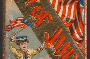 Front side of a postcard celebrating the Fourth of July