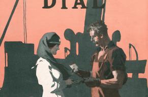 Color illustration of a man buying a wartime bond from a woman in a nursing uniform.