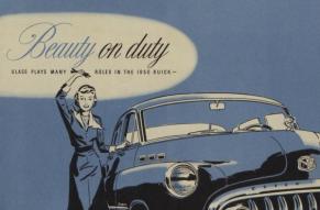 A pamphlet cover with a woman and a 1950 Buick. The car has prominent headlights and a spacious interior. The color palette is a combination of blue, white, and black.