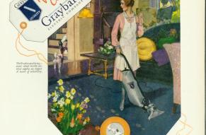 An advertisement for Graybar Vacuum Cleaners, featuring a woman using a vacuum cleaner in a living room.  The image promotes the vacuum cleaner as a sign of spring.