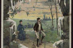 A vintage postcard illustration depicts two individuals on large-wheeled bicycles, likely penny-farthings, in a landscape with icicles and trees.